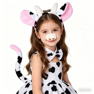 Detailed cow costume set for kids including headband, nose, bowtie, tail and spotted dress