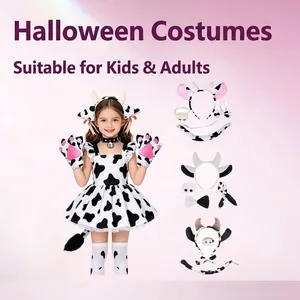 Cow Costume Accessories Plush Animal Ears Headband Tail Nose Bowtie Tutu Skirt For Halloween Cosplay Party Kids Adults