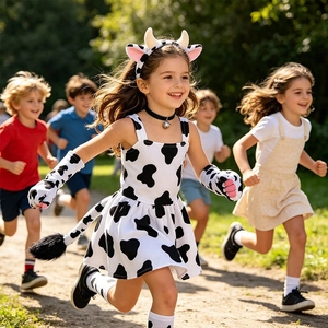 Cow costume set with spotted dress and ear headband for kids Halloween cosplay parties