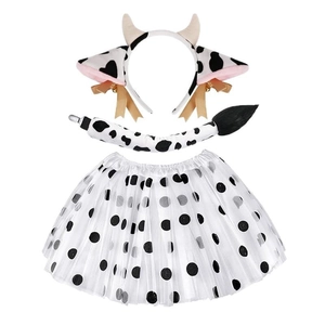 Cow costume set including animal ear headband, spotted tail, and tulle tutu skirt