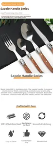 Mirror-polished stainless steel cutlery set with sapele wood handles and triple rivets