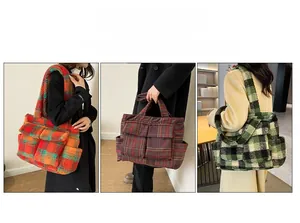 Three models wearing large plush checkered tote bags in orange, purple and green colors