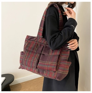 Detail view of large plaid plush shoulder bag with functional multi-pocket design