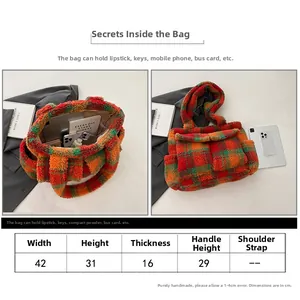 Detailed size chart and dimensions of the large plush checkered tote bag for women
