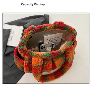 Macro view of large capacity plush plaid tote bag showing interior storage space for tablets