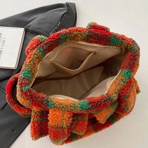 Winter plush plaid tote bag with large capacity and inner zipper pocket for women