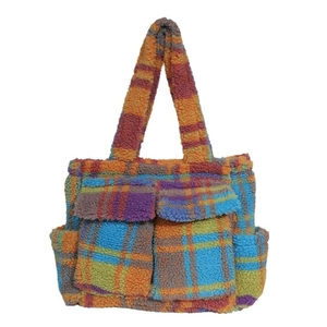 Winter sherpa plaid tote bag with large front pockets and colorful grid pattern