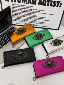 Glossy skull embossed long wallet for women in multiple metallic colors with zipper