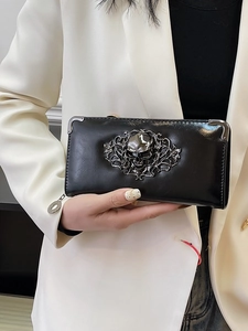 Fashionable black faux leather skull wallet with gothic relief for women stylish long clutch