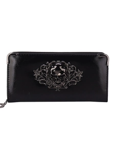 Glossy black skull wallet for women in long gothic style with zip and metal details