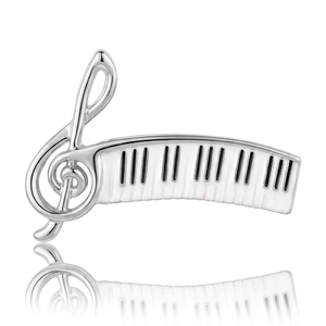 Elegant silver musical note brooch featuring a piano keyboard design and G-clef shape