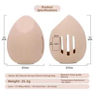 Detailed size chart of a teardrop silicone makeup sponge travel case in beige tones
