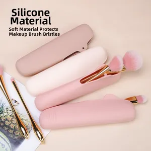 Close-up of portable silicone makeup brush pouches in Morandi colors with soft bristles