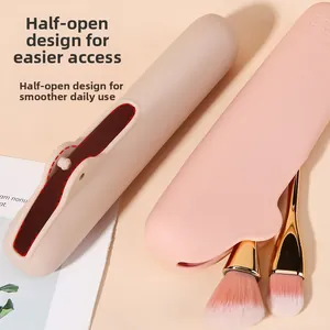 Detail of semi-open silicone makeup brush holder showing easy access design in soft pink
