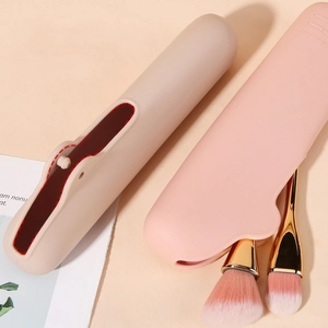 Portable silicone makeup brush travel cases in beige and pink with side openings