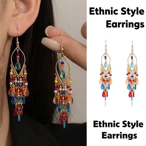 Bohemian Vintage Long Tassel Dangle Earrings For Women Alloy Colorful Beads Handmade Ethnic Style Holiday Jewelry