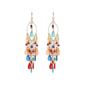 Bohemian long tassel drop earrings with colorful beads and metal ethnic ornaments