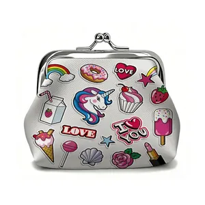 Close-up of white leather coin purse with unicorn cartoon print and metal kiss-lock clasp