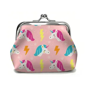 Pink cartoon unicorn coin purse with silver kiss-lock metal clasp and textured leather finish
