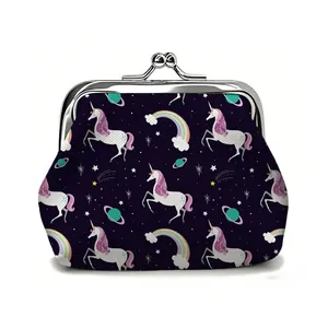 Macro detail of retro unicorn coin purse with celestial patterns and metal ball clasp