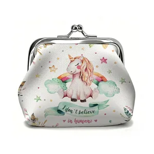 Cartoon unicorn mini coin purse with metal clasp and I don't believe in humans text