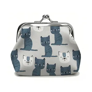 Creative digital print cat coin purse with vintage silver metal clasp on white background