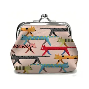 Detailed close-up of a mini leather coin purse featuring colorful cat prints and metal clasp