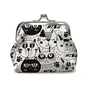 Mini cat print coin purse with silver metal clasp closure and creative leather design