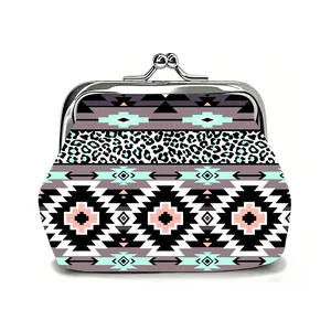 Detail view of retro bohemian kiss-lock coin purse with vibrant geometric patterns