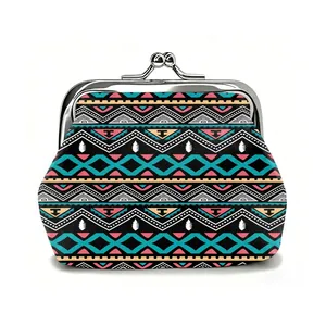 Vintage bohemian coin purse with colorful geometric patterns and silver metal clasp