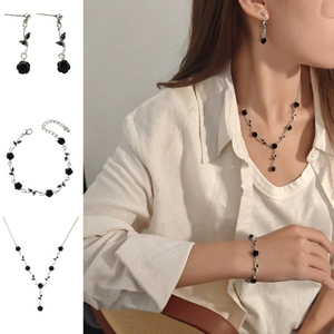 Vintage Rose Flower Jewelry Set Necklace Bracelet And Earrings Alloy Rhinestone Romantic Floral Accessories For Women