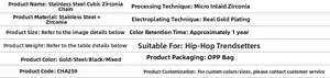 Specifications table for 12mm stainless steel iced out cuban link chain with zircon