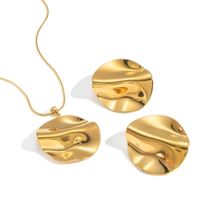 Minimalist gold stainless steel irregular round pendant necklace and earrings set