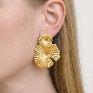 Chic double-layered golden lotus leaf stud earrings with detailed radial texture for women