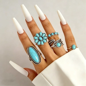 Vintage Bohemian Turquoise Alloy Rings Collection Ethnic Leaf Flower Checkerboard Finger Jewelry For Women