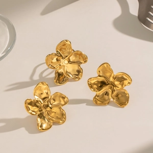 Golden vintage floral stud earrings with textured petals in high-quality stainless steel