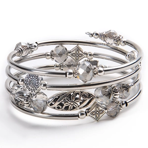 Bohemian multi-layer silver wrap bracelet with smoky grey beads and floral charms
