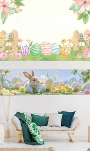 Easter banner detail with rabbits, colorful eggs, and flowers for indoor festive decoration