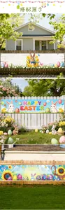 Outdoor Easter banner detail showing colorful bunny and egg designs on garden fences