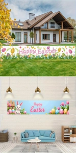 Detail showing two Happy Easter banner designs displayed in garden and indoor settings