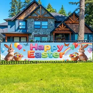 Easter banner featuring cute bunnies and colorful eggs for outdoor garden festive decoration