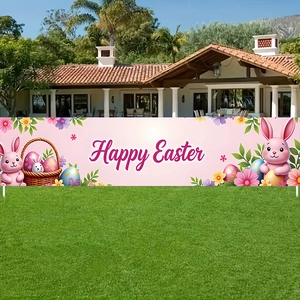 Pink Happy Easter banner with cartoon bunny and eggs displayed in a green lawn garden