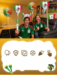 Detail of Mexico football party favors with I LOVE MEXICO headband and green foil balloons