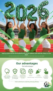 Detail of 2026 soccer themed foil balloons featuring automatic sealing and leakproof material