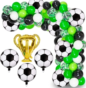 Football party balloon arch kit with green latex balloons and gold champion trophy