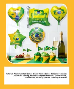 Detail of Brazil flag themed balloons with star and heart shapes for party celebration