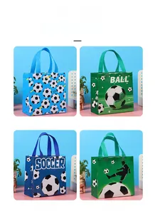 Detail showing four soccer-themed non-woven gift bags with athlete silhouettes and patterns
