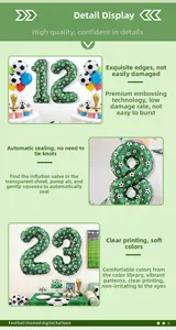 Detail of soccer themed foil number balloon with self-sealing valve and reinforced edges