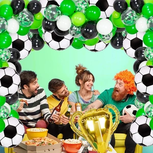 World Cup soccer balloon arch kit with champion trophy and green latex balloons