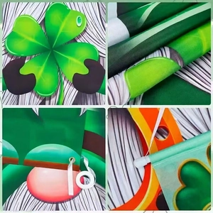 Detail of St. Patrick's Day banner featuring shamrocks, gnomes and metal grommets